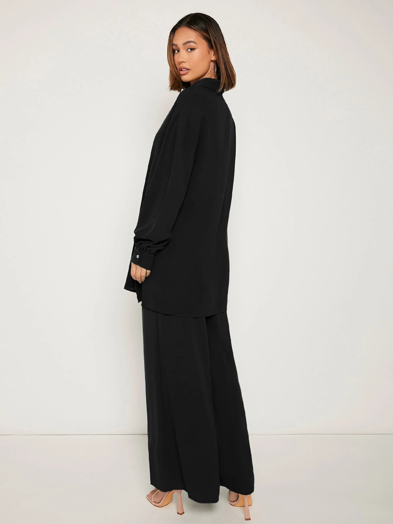 SHEIN Frenchy Drop Shoulder Button Front Shirt & Wide Leg Pants Winter Brown