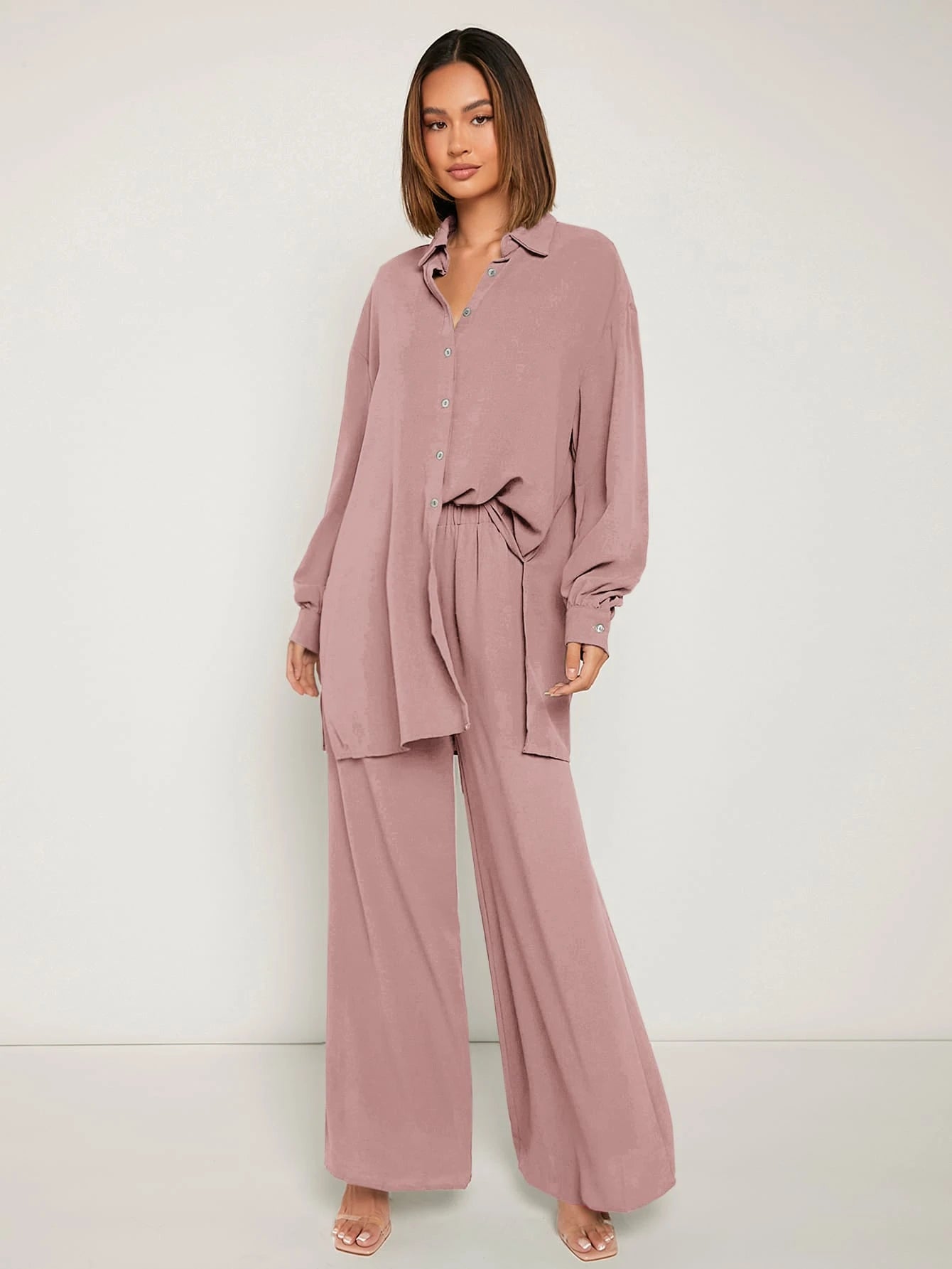 SHEIN Frenchy Drop Shoulder Button Front Shirt & Wide Leg Pants Winter Brown