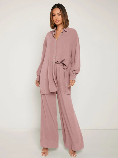SHEIN Frenchy Drop Shoulder Button Front Shirt & Wide Leg Pants Winter Brown
