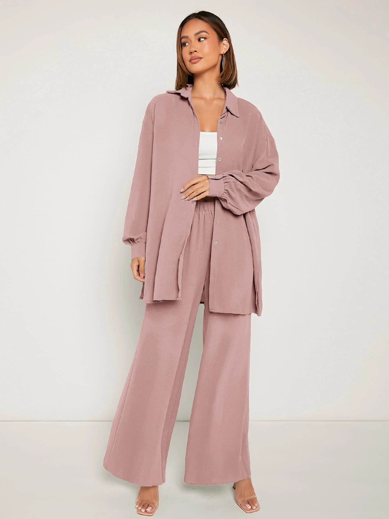 SHEIN Frenchy Drop Shoulder Button Front Shirt & Wide Leg Pants Winter Brown