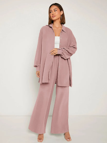 SHEIN Frenchy Drop Shoulder Button Front Shirt & Wide Leg Pants Winter Brown