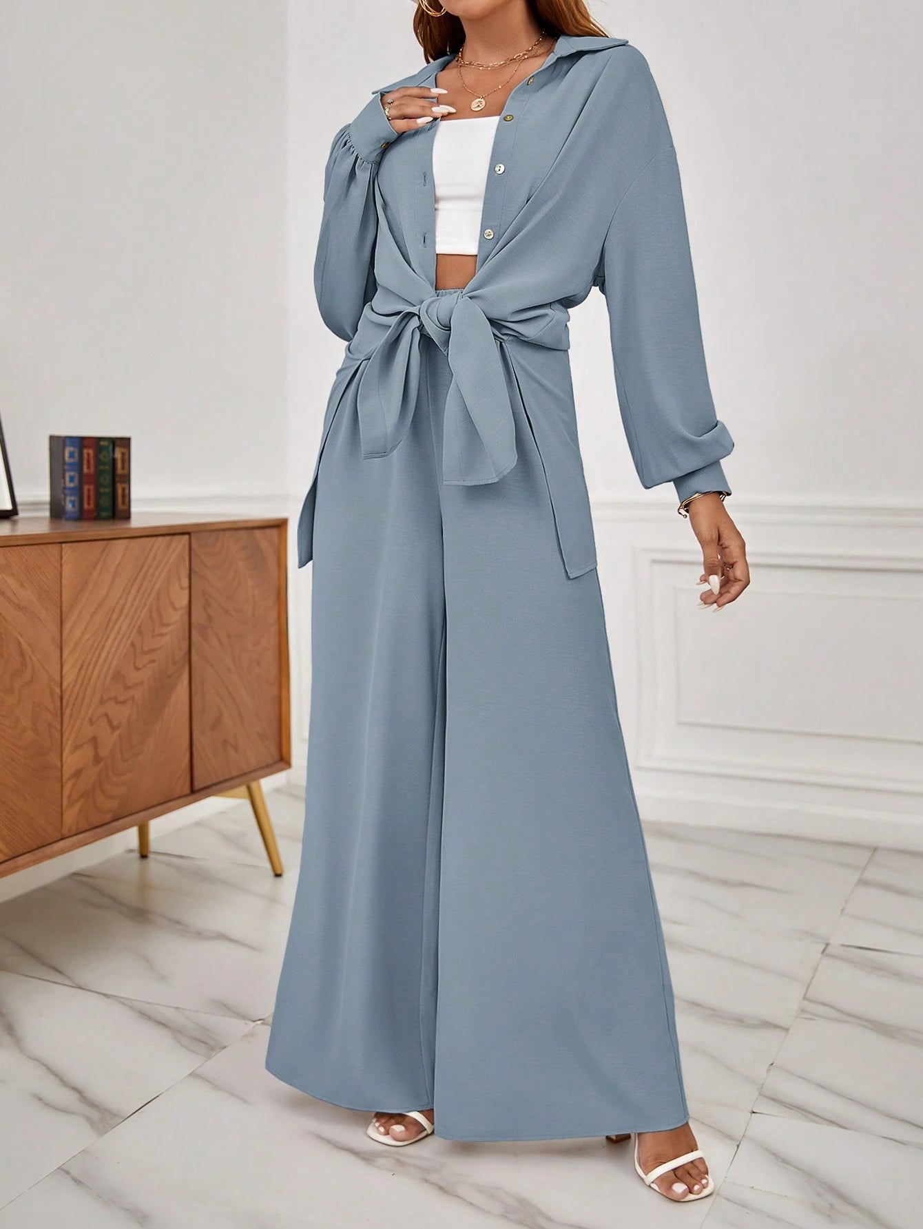 SHEIN Frenchy Drop Shoulder Button Front Shirt & Wide Leg Pants Winter Brown