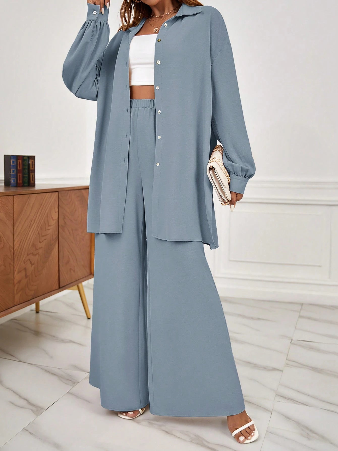 SHEIN Frenchy Drop Shoulder Button Front Shirt & Wide Leg Pants Winter Brown