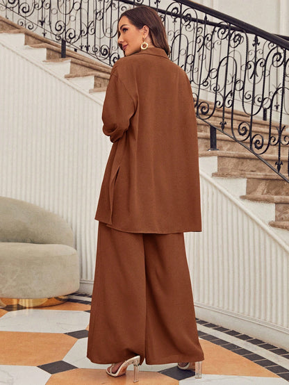 SHEIN Frenchy Drop Shoulder Button Front Shirt & Wide Leg Pants Winter Brown