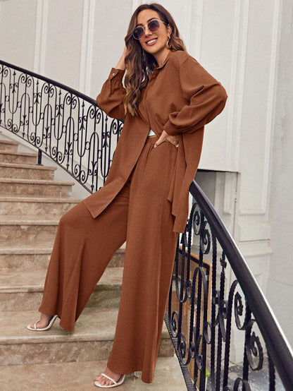 SHEIN Frenchy Drop Shoulder Button Front Shirt & Wide Leg Pants Winter Brown