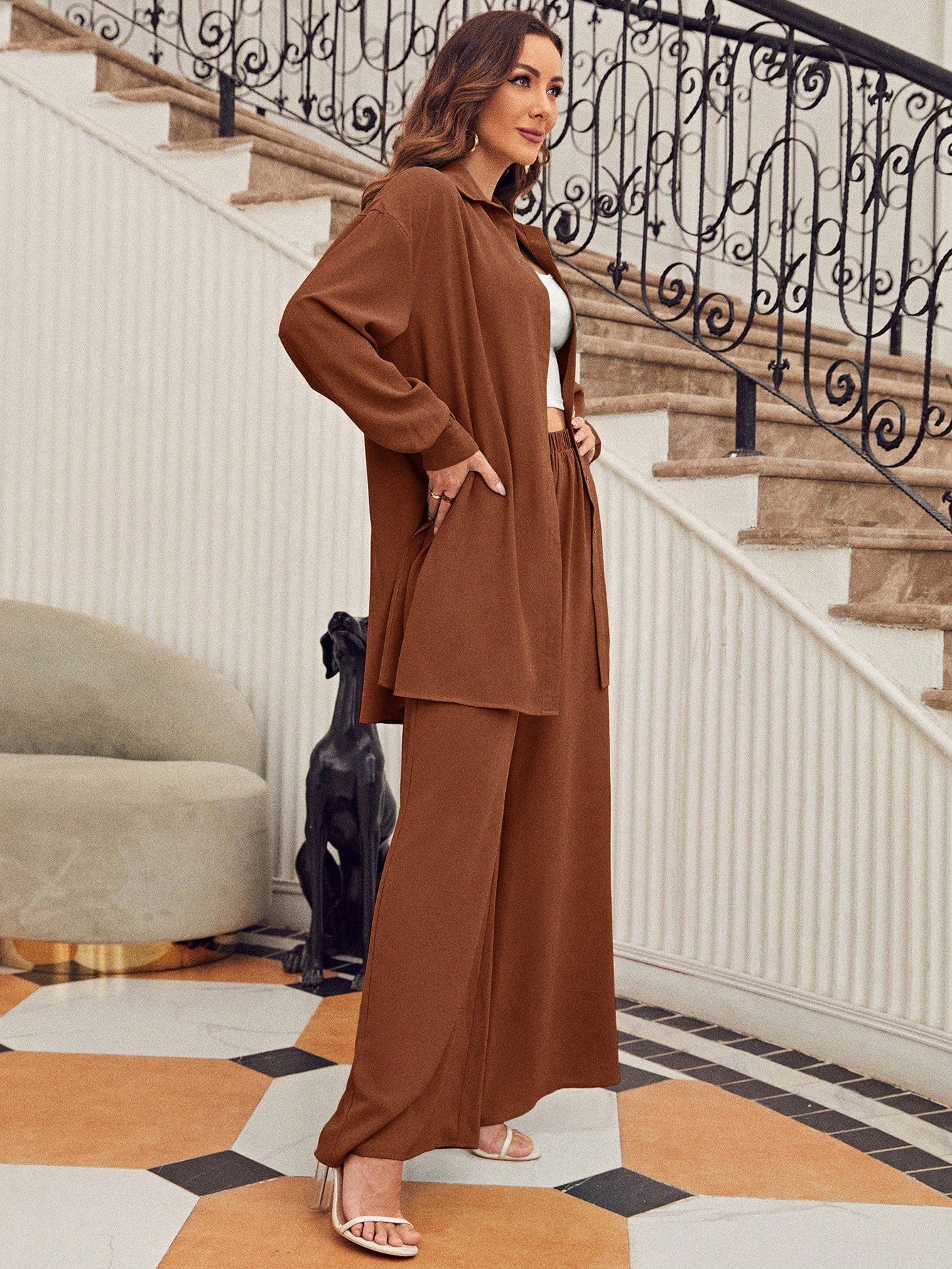 SHEIN Frenchy Drop Shoulder Button Front Shirt & Wide Leg Pants Winter Brown