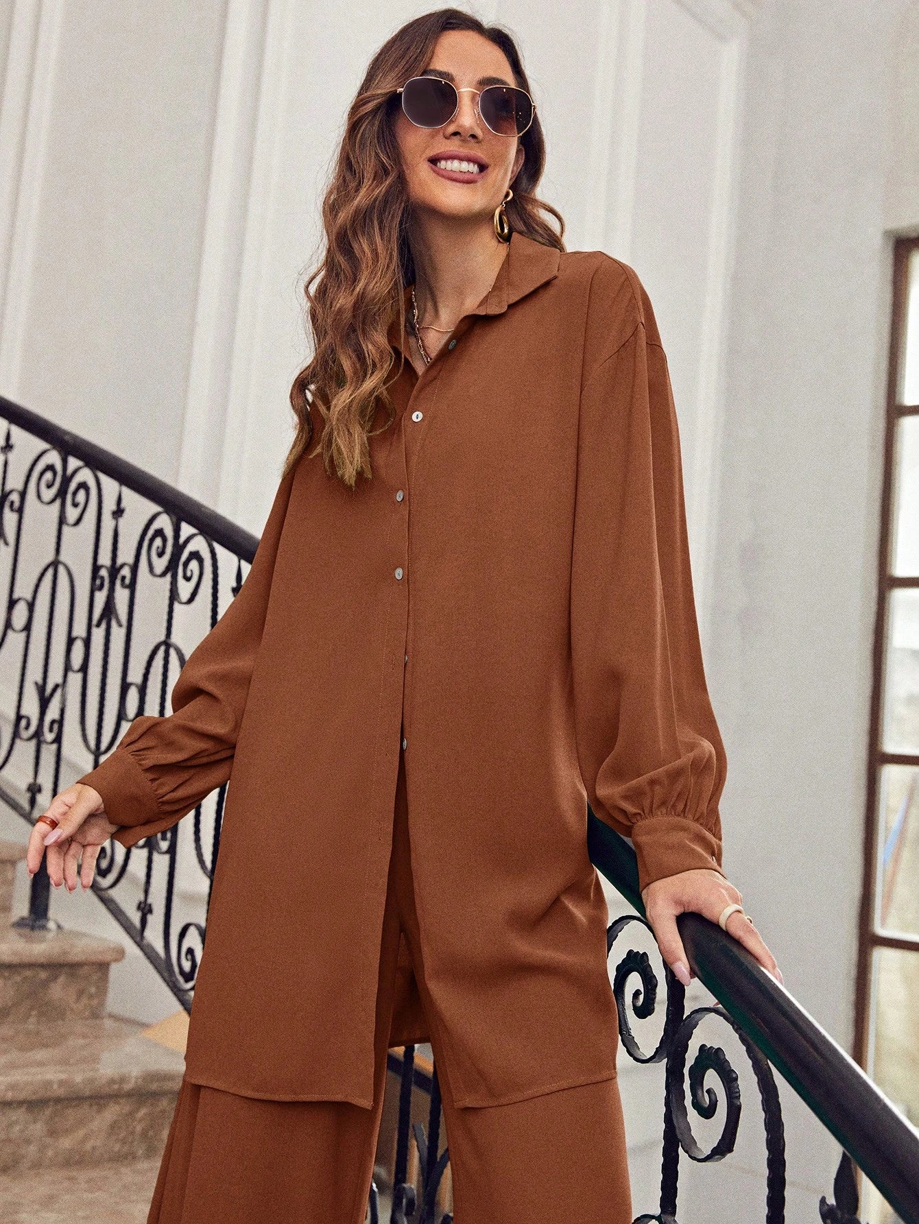 SHEIN Frenchy Drop Shoulder Button Front Shirt & Wide Leg Pants Winter Brown