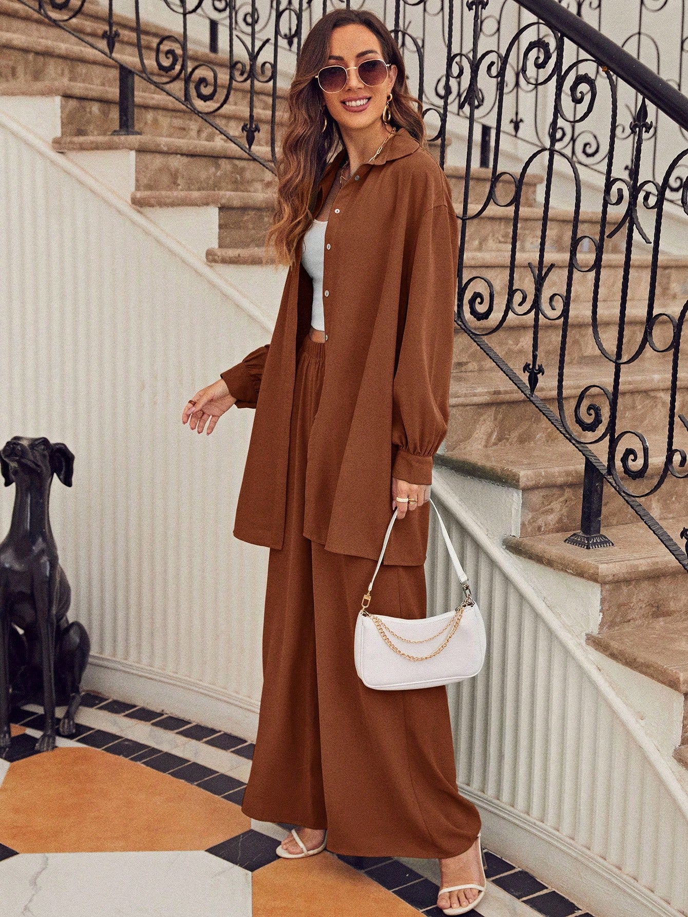SHEIN Frenchy Drop Shoulder Button Front Shirt & Wide Leg Pants Winter Brown