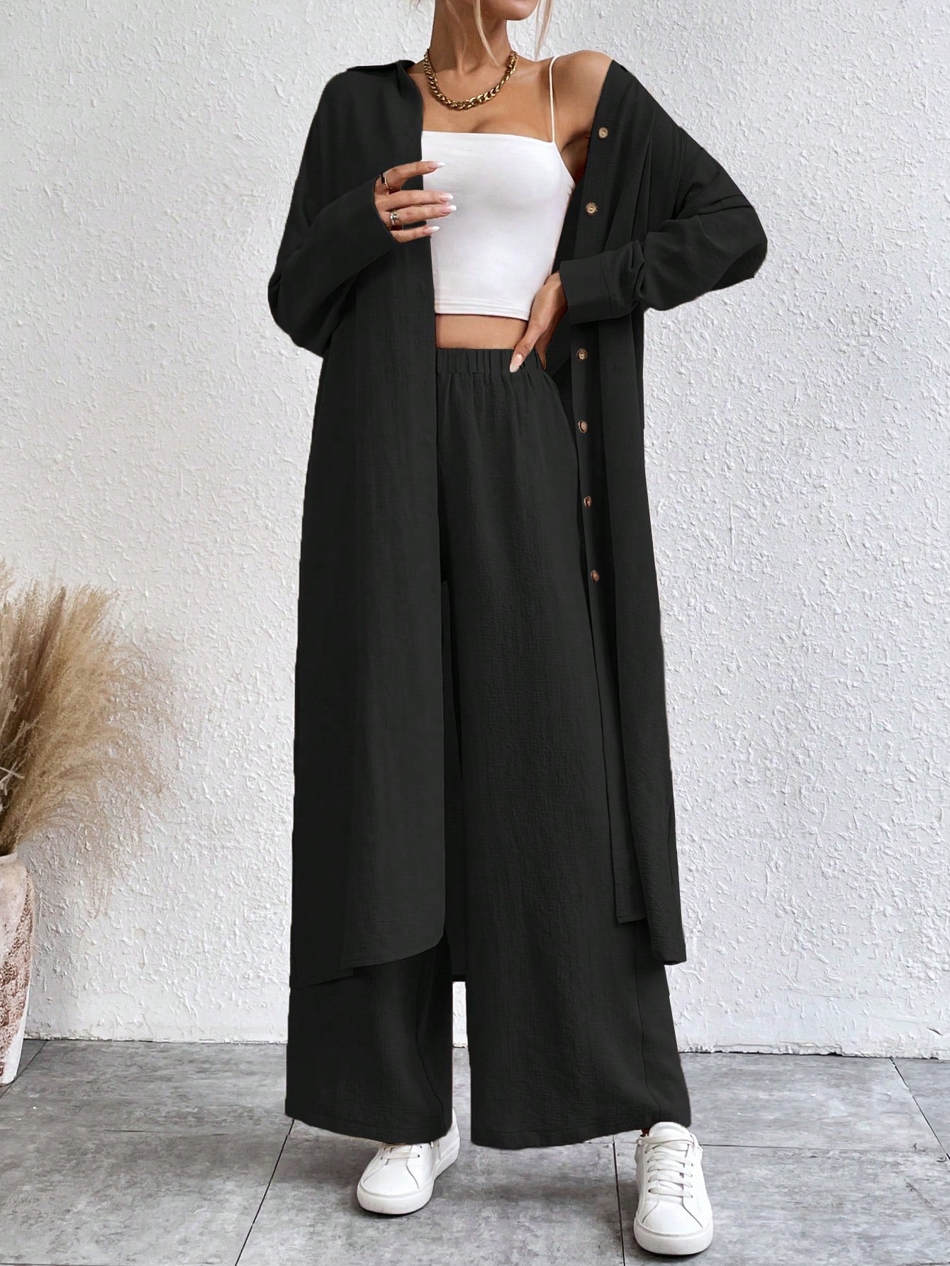 SHEIN LUNE Solid Color Drop Shoulder Long Shirt And Wide Leg Pants Two-Piece Set