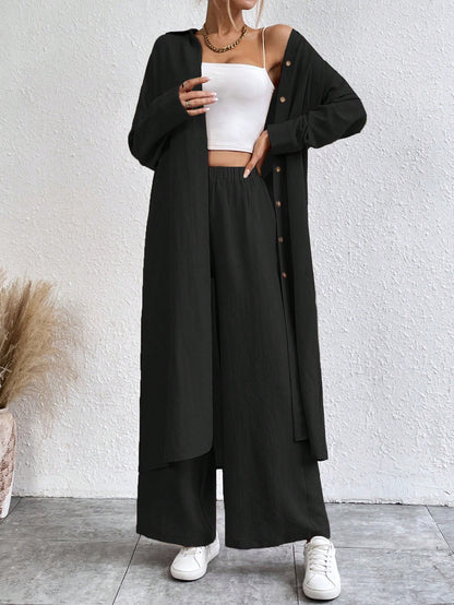 SHEIN LUNE Solid Color Drop Shoulder Long Shirt And Wide Leg Pants Two-Piece Set
