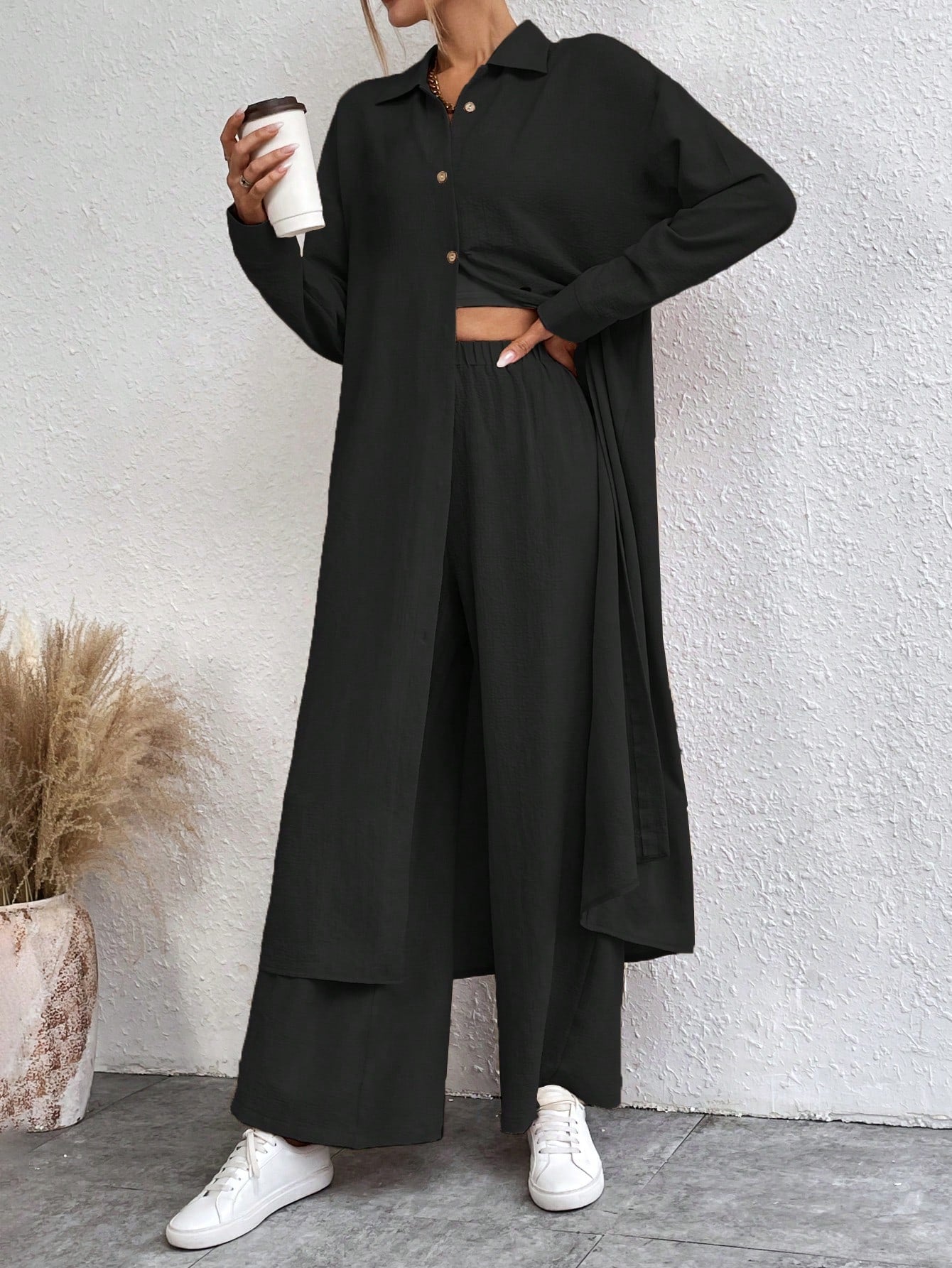 SHEIN LUNE Solid Color Drop Shoulder Long Shirt And Wide Leg Pants Two-Piece Set