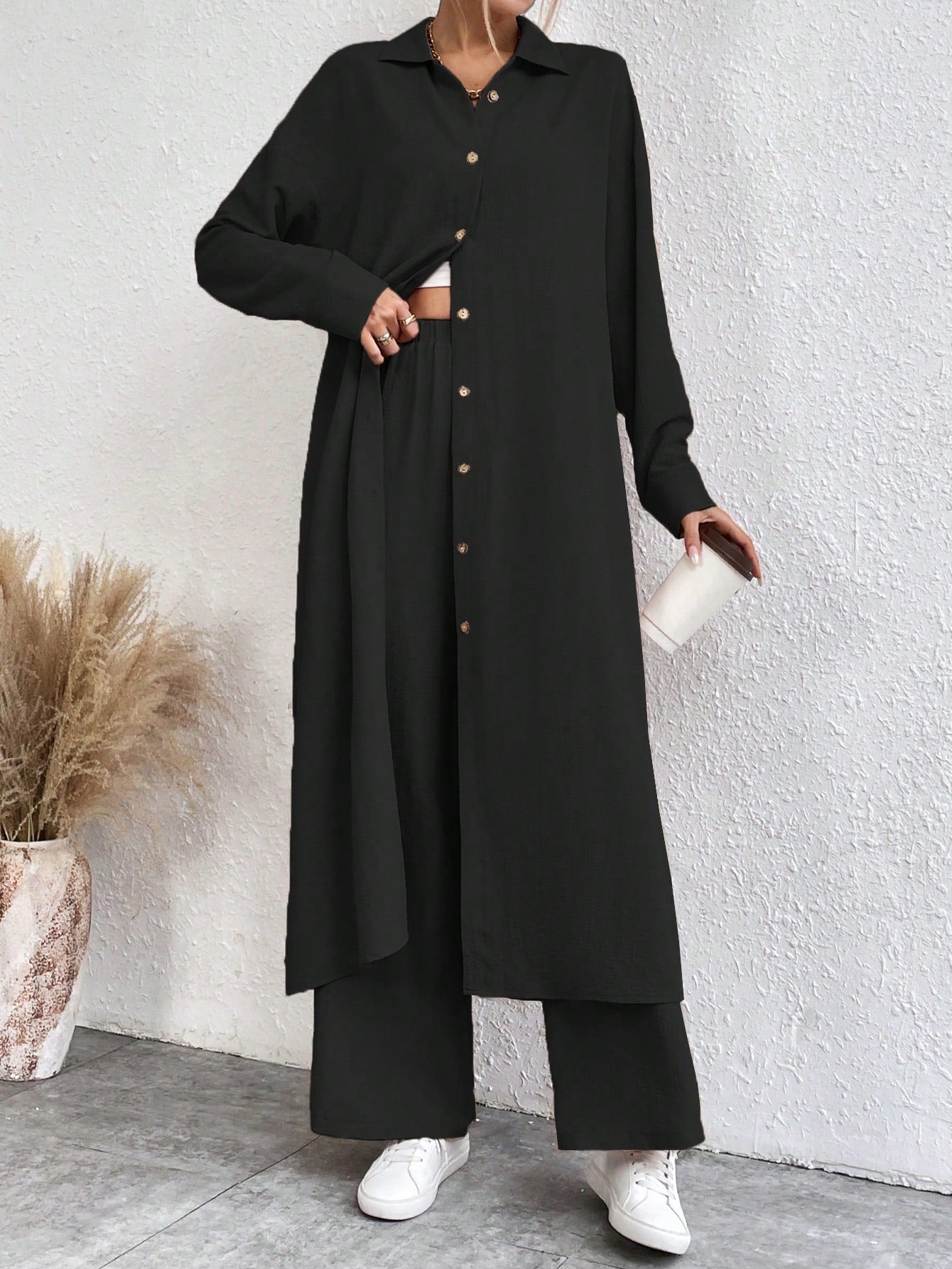 SHEIN LUNE Solid Color Drop Shoulder Long Shirt And Wide Leg Pants Two-Piece Set