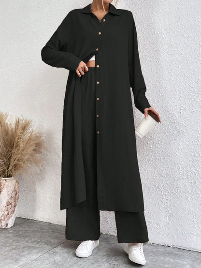 SHEIN LUNE Solid Color Drop Shoulder Long Shirt And Wide Leg Pants Two-Piece Set