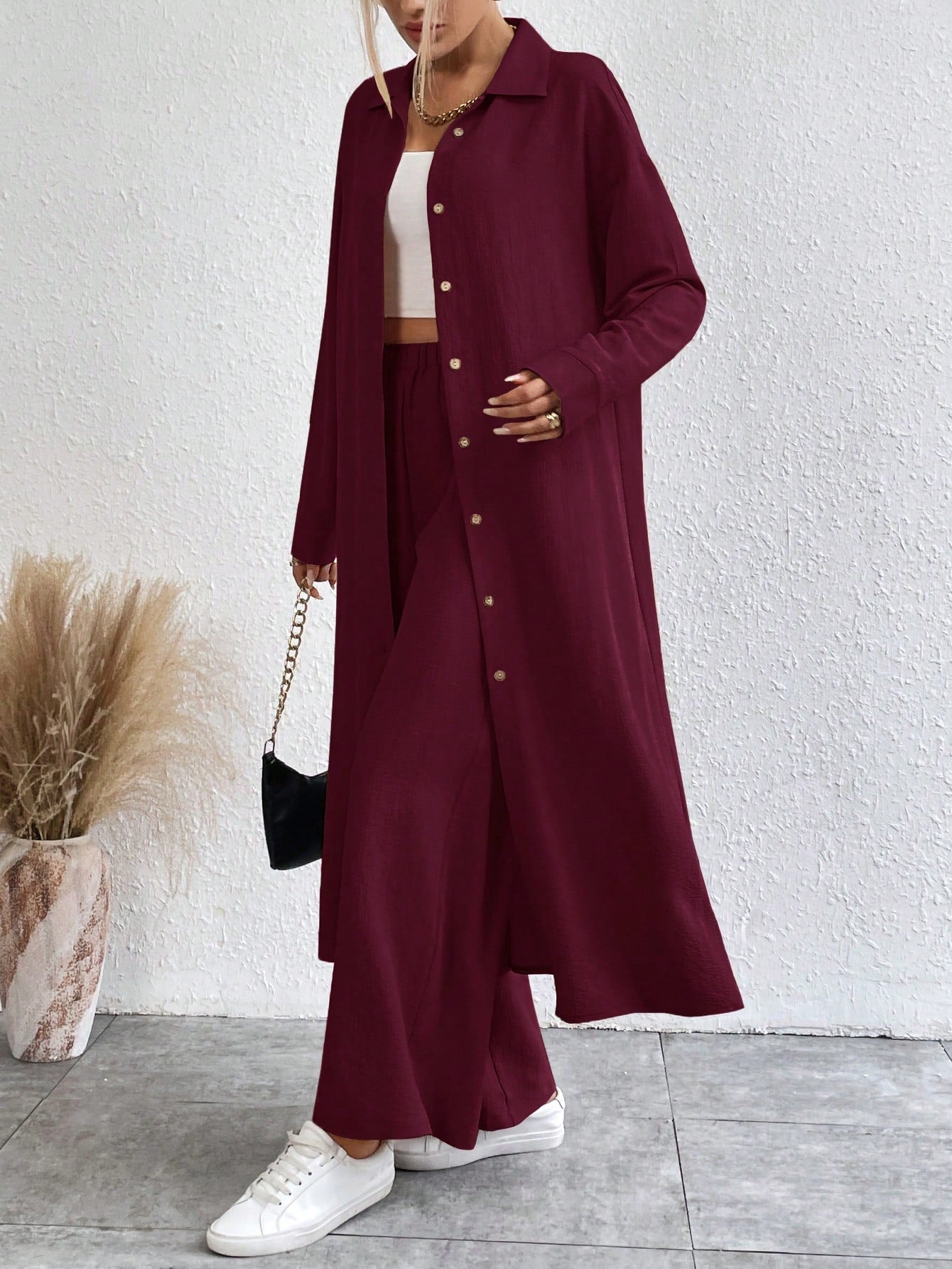 SHEIN LUNE Solid Color Drop Shoulder Long Shirt And Wide Leg Pants Two-Piece Set