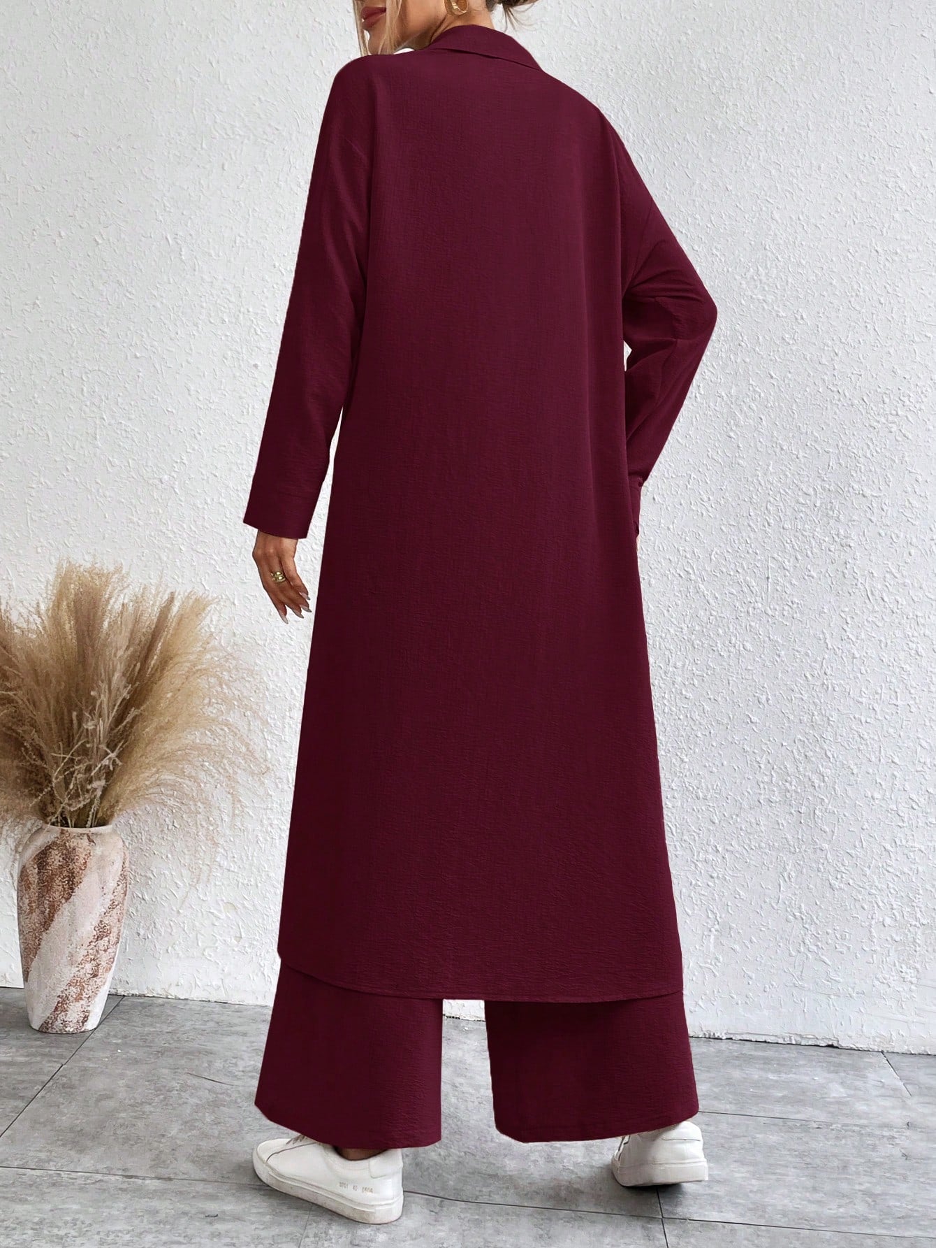 SHEIN LUNE Solid Color Drop Shoulder Long Shirt And Wide Leg Pants Two-Piece Set
