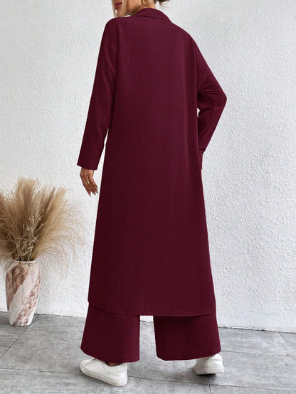 SHEIN LUNE Solid Color Drop Shoulder Long Shirt And Wide Leg Pants Two-Piece Set