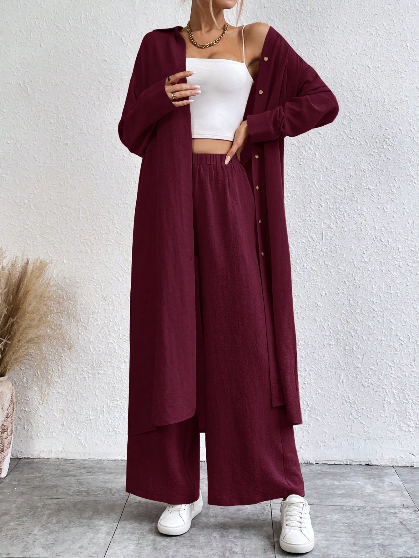 SHEIN LUNE Solid Color Drop Shoulder Long Shirt And Wide Leg Pants Two-Piece Set