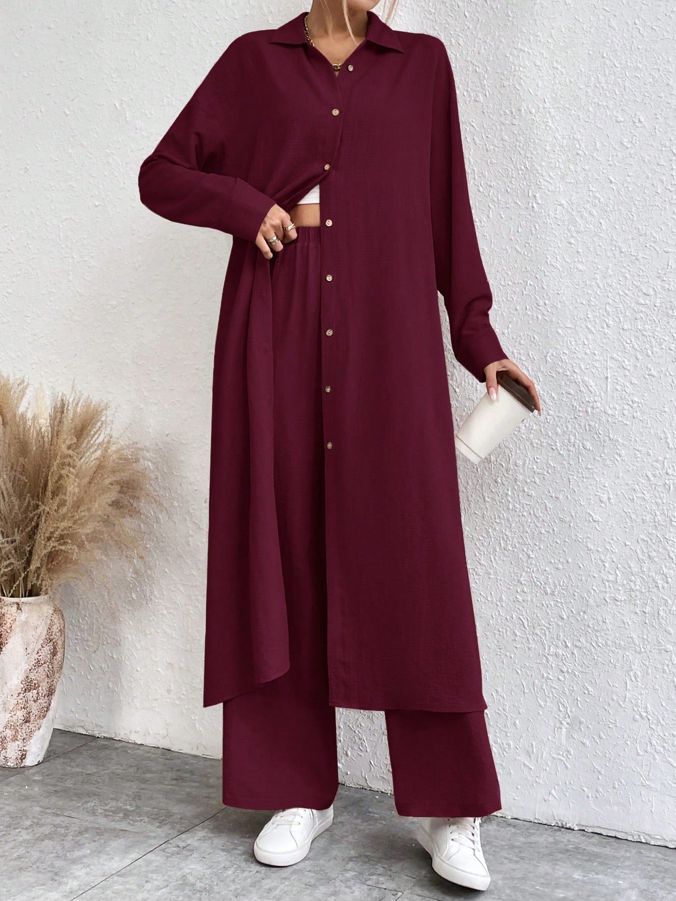 SHEIN LUNE Solid Color Drop Shoulder Long Shirt And Wide Leg Pants Two-Piece Set
