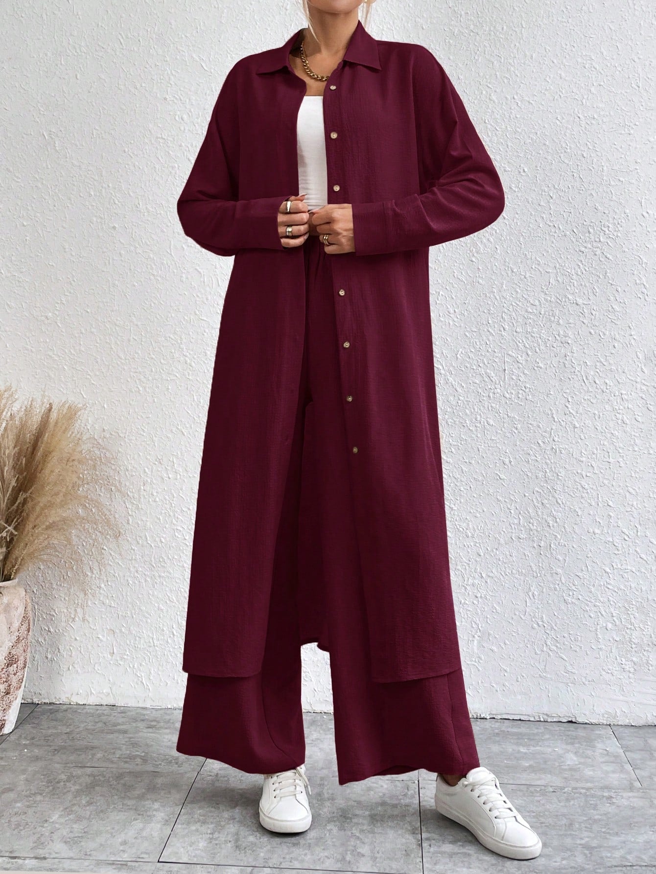 SHEIN LUNE Solid Color Drop Shoulder Long Shirt And Wide Leg Pants Two-Piece Set
