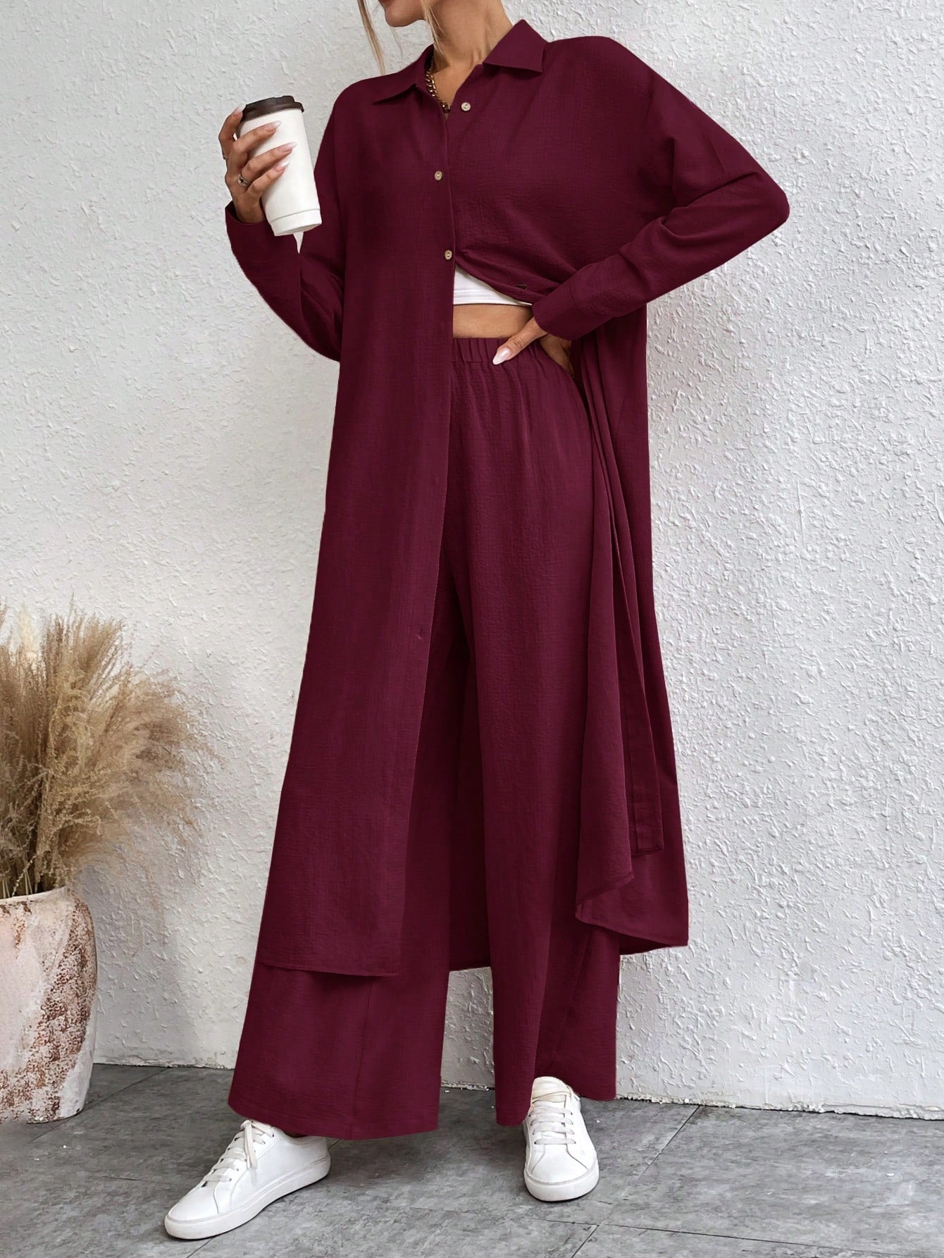 SHEIN LUNE Solid Color Drop Shoulder Long Shirt And Wide Leg Pants Two-Piece Set