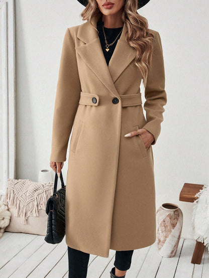 EMERY ROSE Women's Casual Commute Daily Simple Solid Color Lapel Collar Slant Pocket Double-Breasted Long Overcoat, Autumn/Winter Winter Coat Women