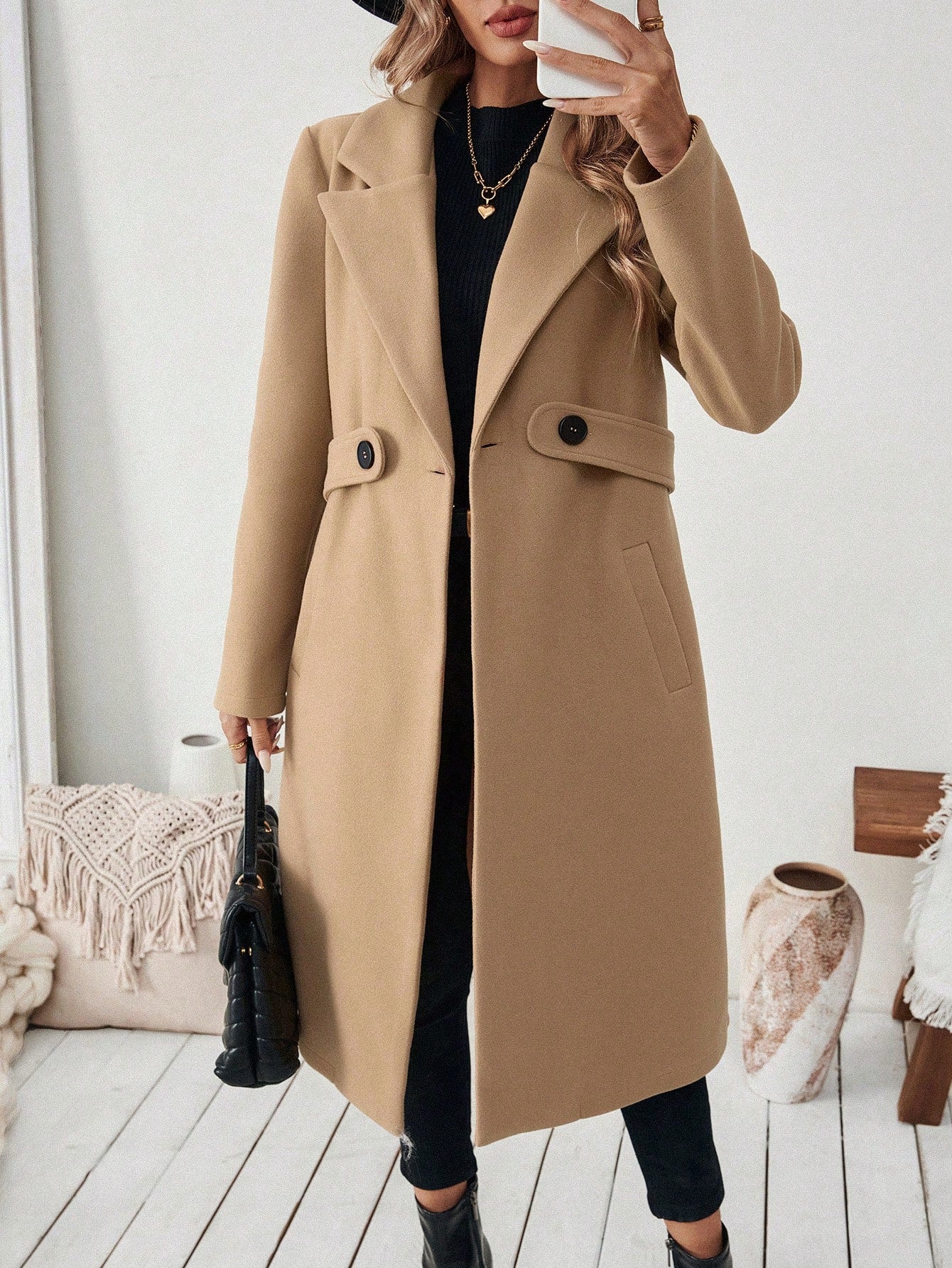 EMERY ROSE Women's Casual Commute Daily Simple Solid Color Lapel Collar Slant Pocket Double-Breasted Long Overcoat, Autumn/Winter Winter Coat Women