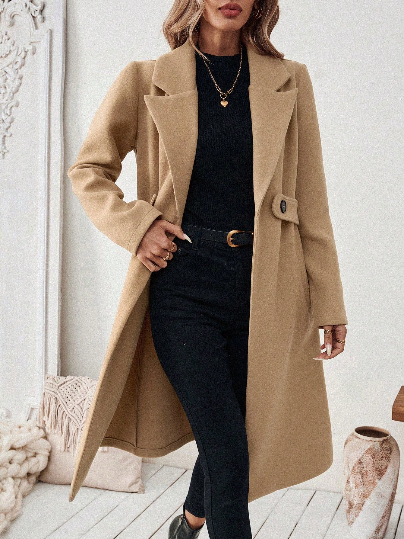 EMERY ROSE Women's Casual Commute Daily Simple Solid Color Lapel Collar Slant Pocket Double-Breasted Long Overcoat, Autumn/Winter Winter Coat Women
