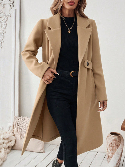 EMERY ROSE Women's Casual Commute Daily Simple Solid Color Lapel Collar Slant Pocket Double-Breasted Long Overcoat, Autumn/Winter Winter Coat Women