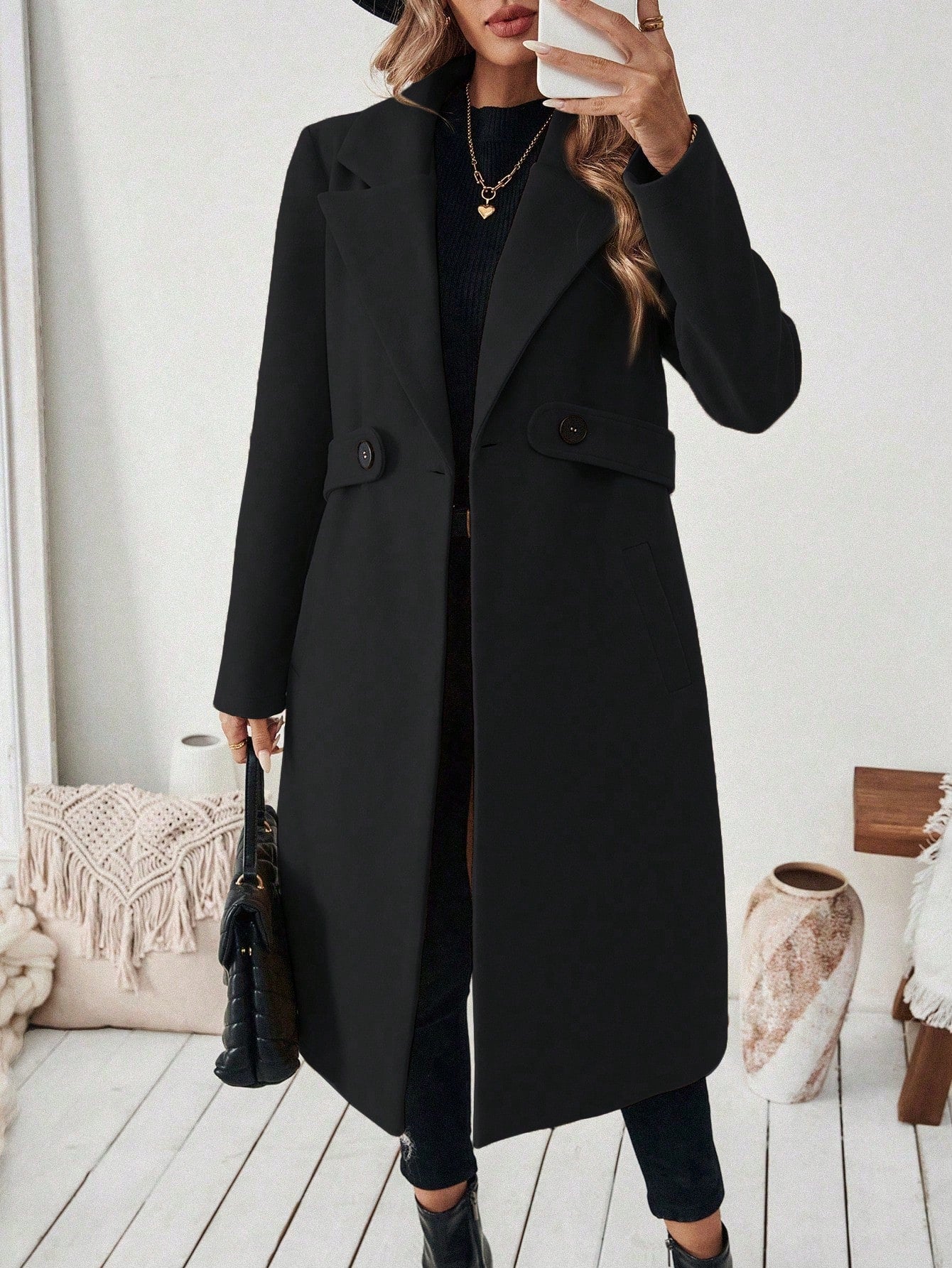 EMERY ROSE Women's Casual Commute Daily Simple Solid Color Lapel Collar Slant Pocket Double-Breasted Long Overcoat, Autumn/Winter Winter Coat Women