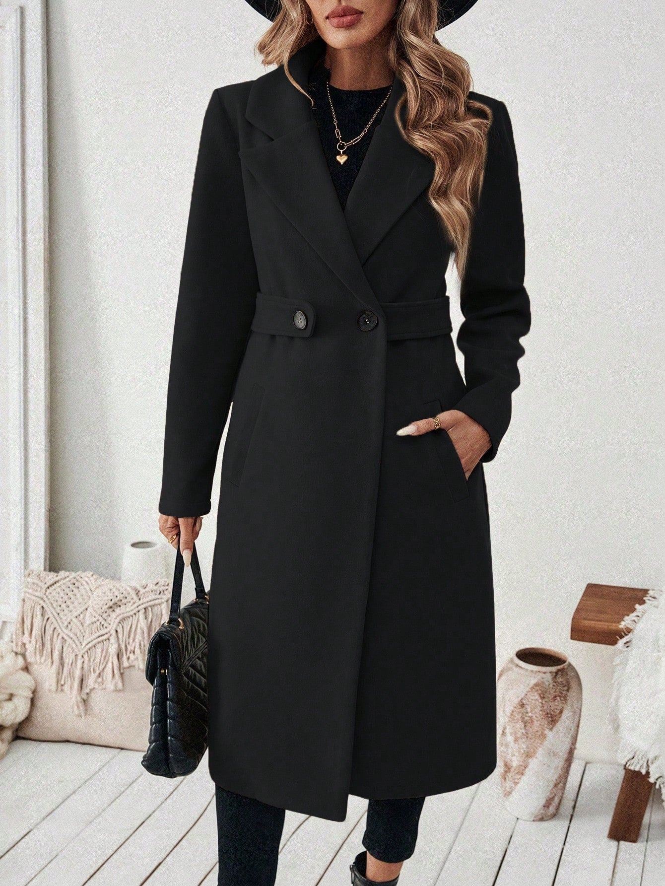 EMERY ROSE Women's Casual Commute Daily Simple Solid Color Lapel Collar Slant Pocket Double-Breasted Long Overcoat, Autumn/Winter Winter Coat Women