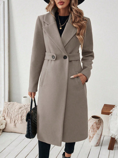 EMERY ROSE Women's Casual Commute Daily Simple Solid Color Lapel Collar Slant Pocket Double-Breasted Long Overcoat, Autumn/Winter Winter Coat Women