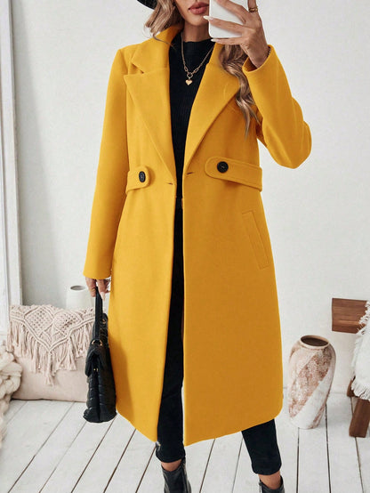 EMERY ROSE Women's Casual Commute Daily Simple Solid Color Lapel Collar Slant Pocket Double-Breasted Long Overcoat, Autumn/Winter Winter Coat Women