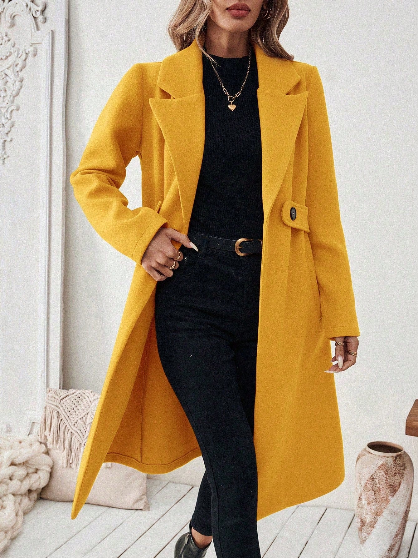 EMERY ROSE Women's Casual Commute Daily Simple Solid Color Lapel Collar Slant Pocket Double-Breasted Long Overcoat, Autumn/Winter Winter Coat Women