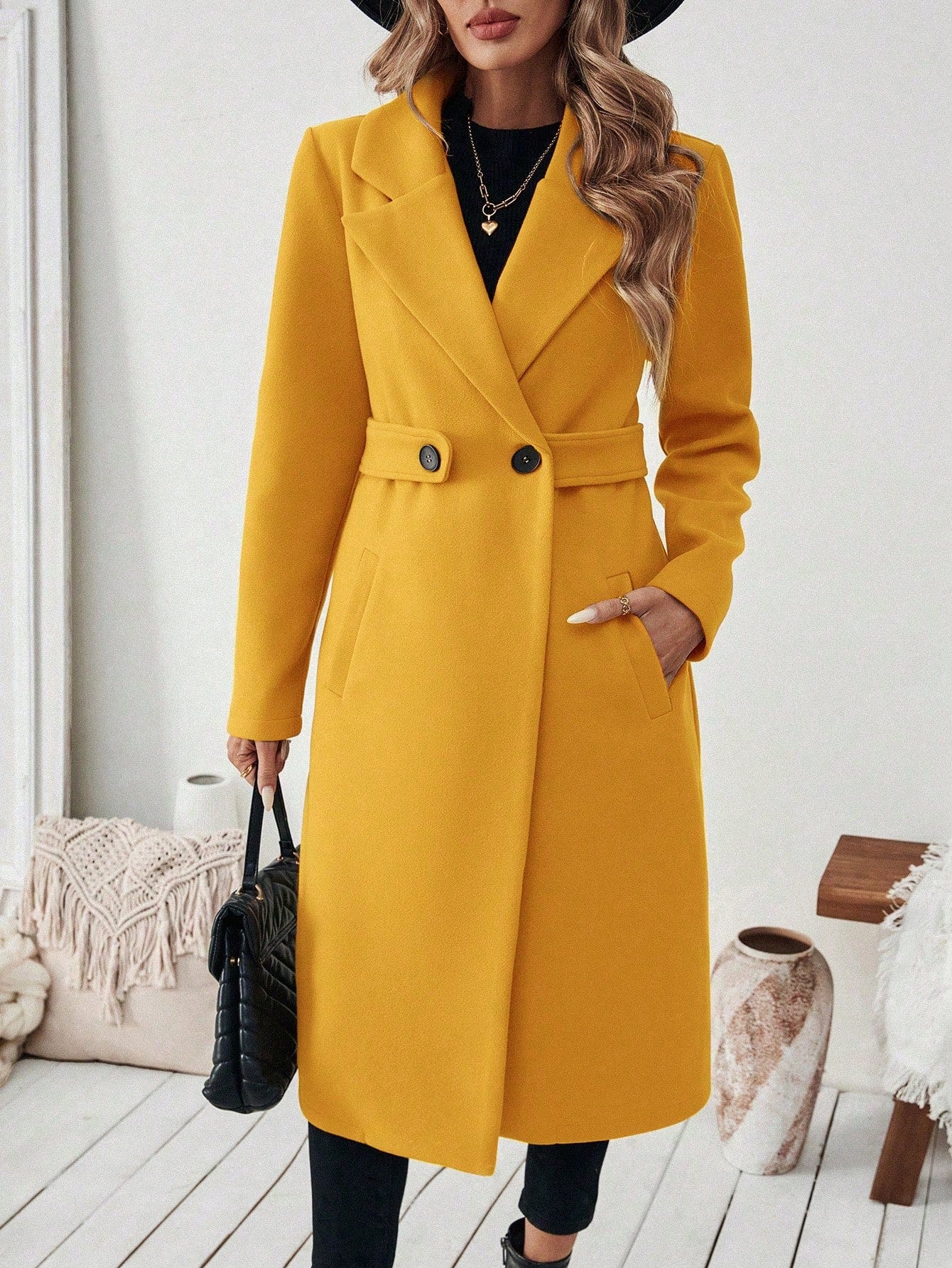 EMERY ROSE Women's Casual Commute Daily Simple Solid Color Lapel Collar Slant Pocket Double-Breasted Long Overcoat, Autumn/Winter Winter Coat Women