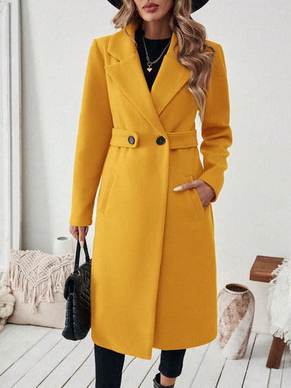 EMERY ROSE Women's Casual Commute Daily Simple Solid Color Lapel Collar Slant Pocket Double-Breasted Long Overcoat, Autumn/Winter Winter Coat Women