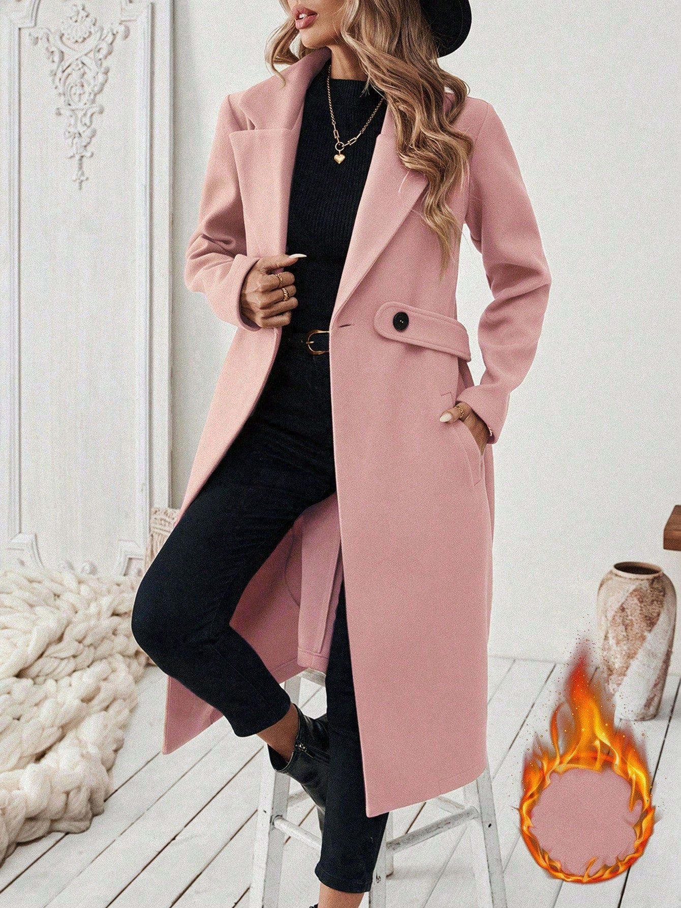 EMERY ROSE Women's Casual Commute Daily Simple Solid Color Lapel Collar Slant Pocket Double-Breasted Long Overcoat, Autumn/Winter Winter Coat Women