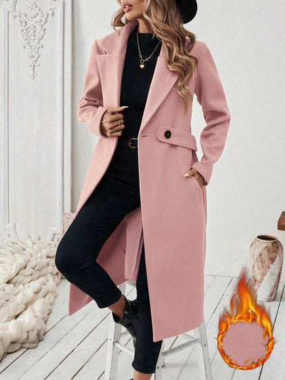 EMERY ROSE Women's Casual Commute Daily Simple Solid Color Lapel Collar Slant Pocket Double-Breasted Long Overcoat, Autumn/Winter Winter Coat Women