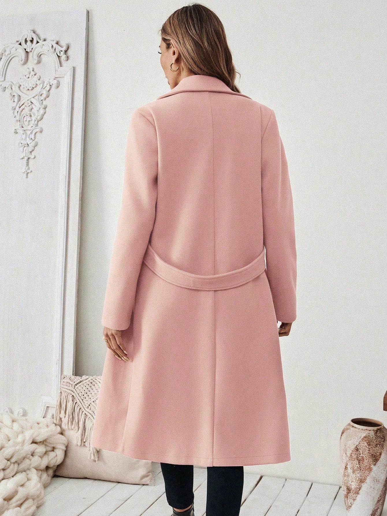 EMERY ROSE Women's Casual Commute Daily Simple Solid Color Lapel Collar Slant Pocket Double-Breasted Long Overcoat, Autumn/Winter Winter Coat Women