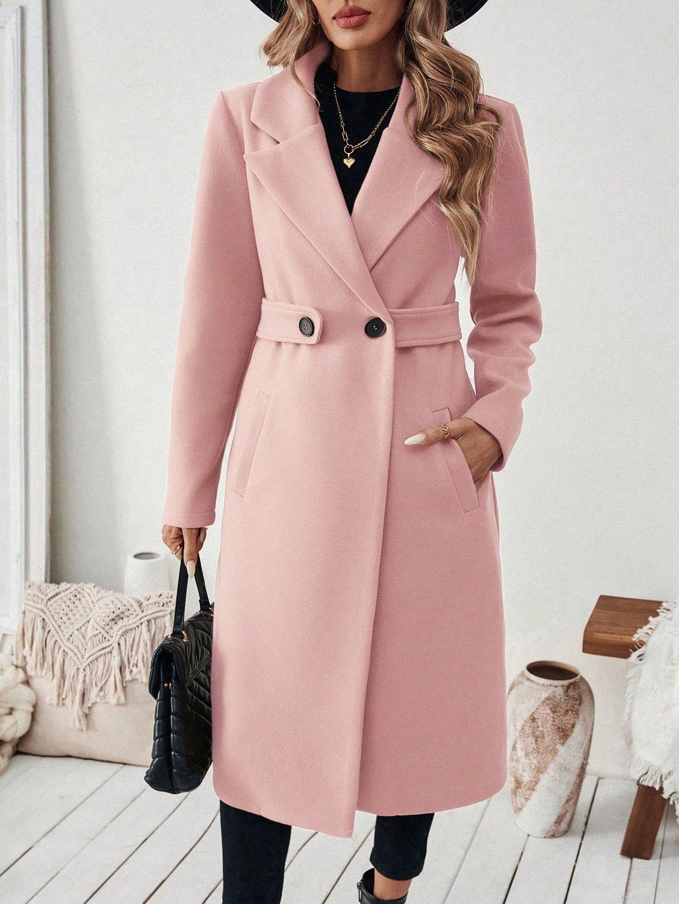 EMERY ROSE Women's Casual Commute Daily Simple Solid Color Lapel Collar Slant Pocket Double-Breasted Long Overcoat, Autumn/Winter Winter Coat Women