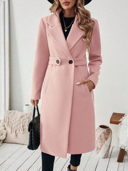 EMERY ROSE Women's Casual Commute Daily Simple Solid Color Lapel Collar Slant Pocket Double-Breasted Long Overcoat, Autumn/Winter Winter Coat Women