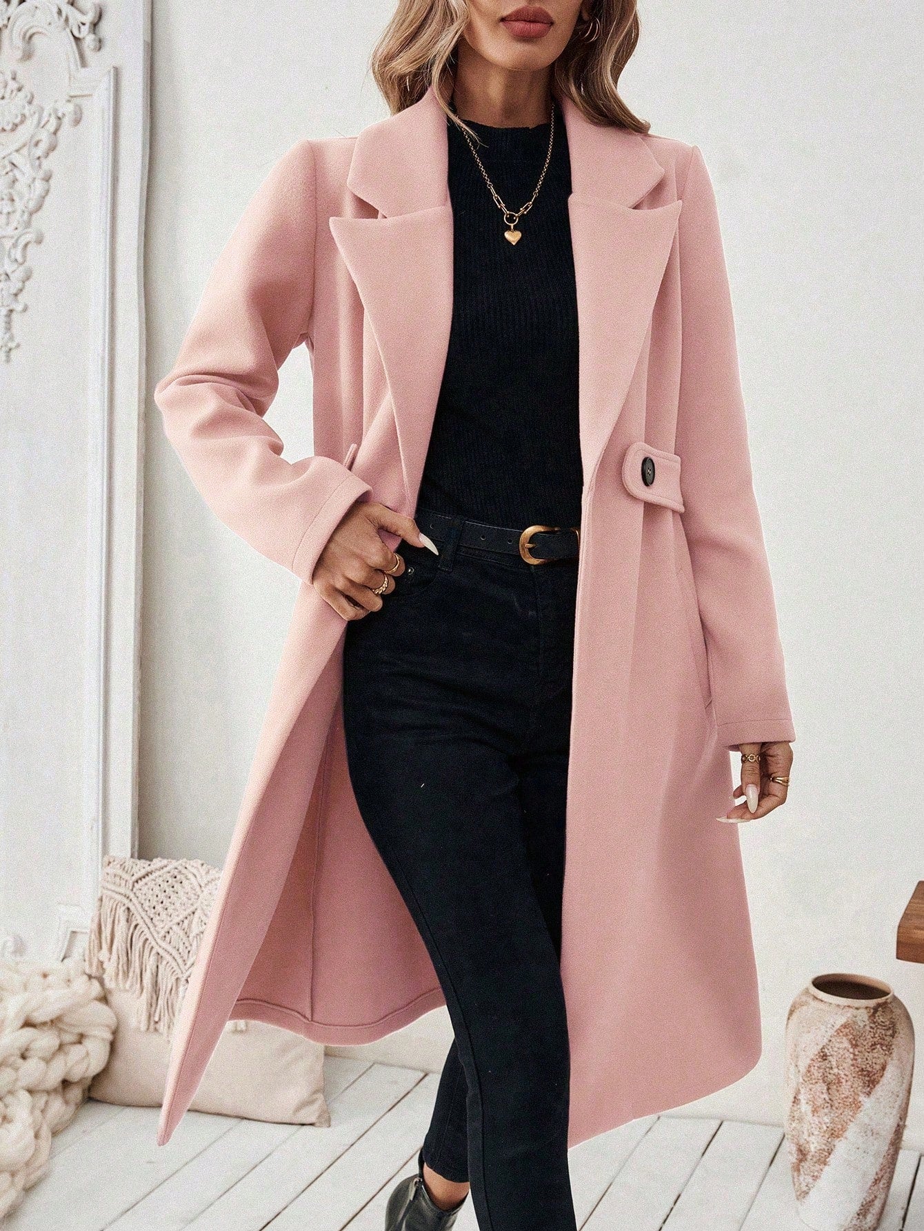 EMERY ROSE Women's Casual Commute Daily Simple Solid Color Lapel Collar Slant Pocket Double-Breasted Long Overcoat, Autumn/Winter Winter Coat Women