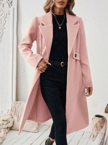 EMERY ROSE Women's Casual Commute Daily Simple Solid Color Lapel Collar Slant Pocket Double-Breasted Long Overcoat, Autumn/Winter Winter Coat Women