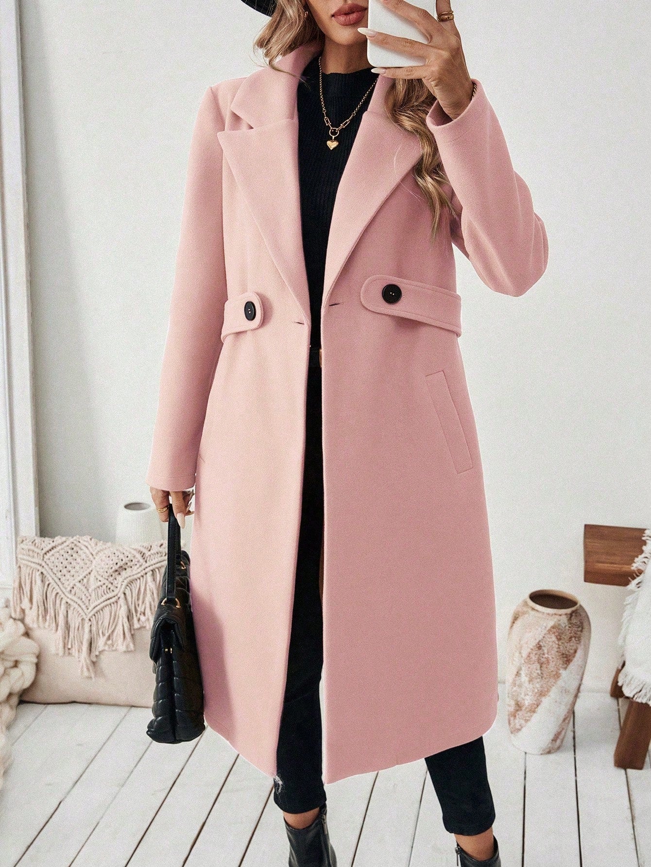 EMERY ROSE Women's Casual Commute Daily Simple Solid Color Lapel Collar Slant Pocket Double-Breasted Long Overcoat, Autumn/Winter Winter Coat Women