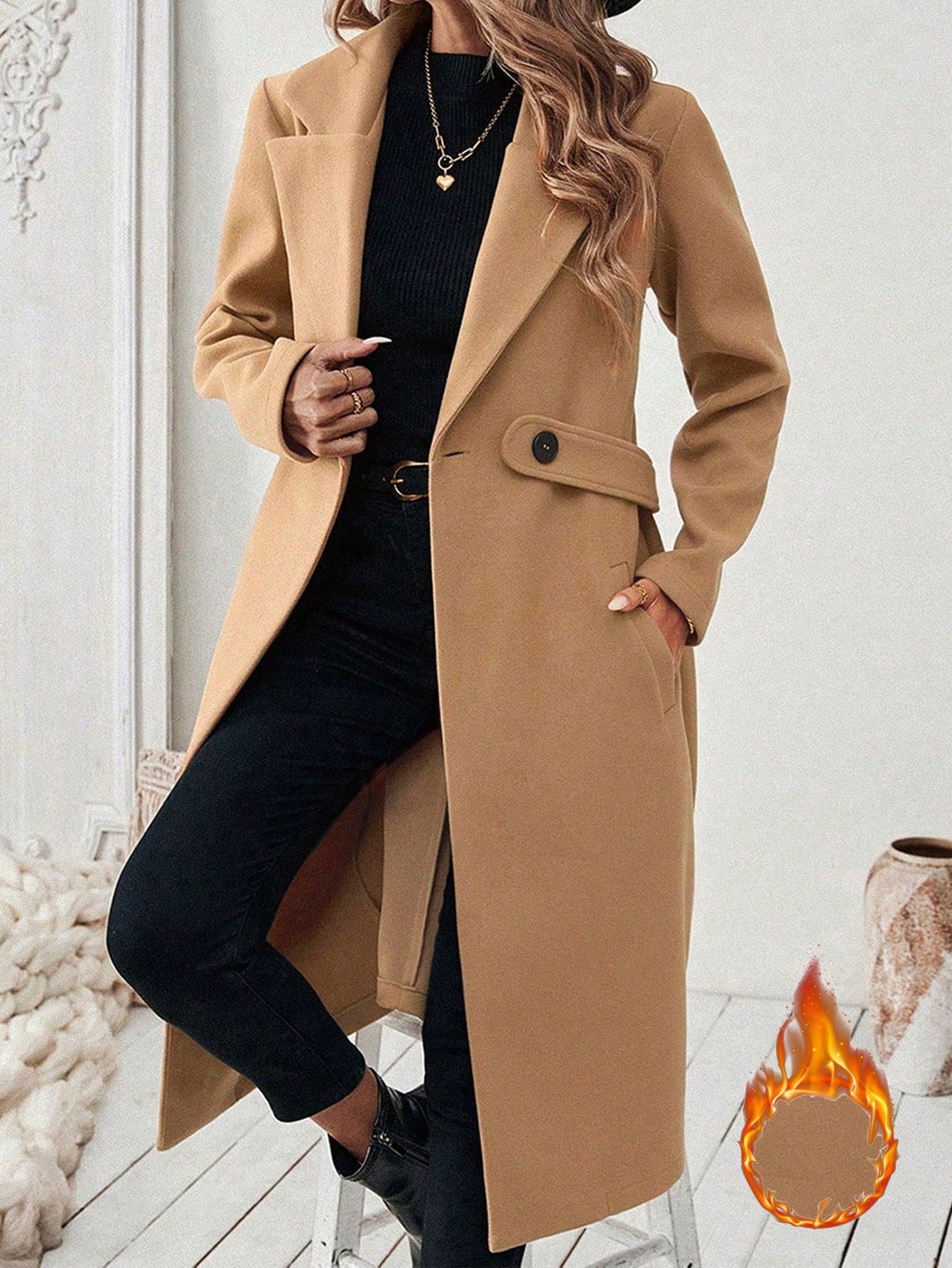 EMERY ROSE Women's Casual Commute Daily Simple Solid Color Lapel Collar Slant Pocket Double-Breasted Long Overcoat, Autumn/Winter Winter Coat Women