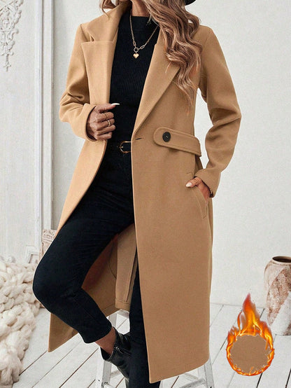 EMERY ROSE Women's Casual Commute Daily Simple Solid Color Lapel Collar Slant Pocket Double-Breasted Long Overcoat, Autumn/Winter Winter Coat Women