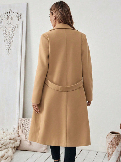 EMERY ROSE Women's Casual Commute Daily Simple Solid Color Lapel Collar Slant Pocket Double-Breasted Long Overcoat, Autumn/Winter Winter Coat Women