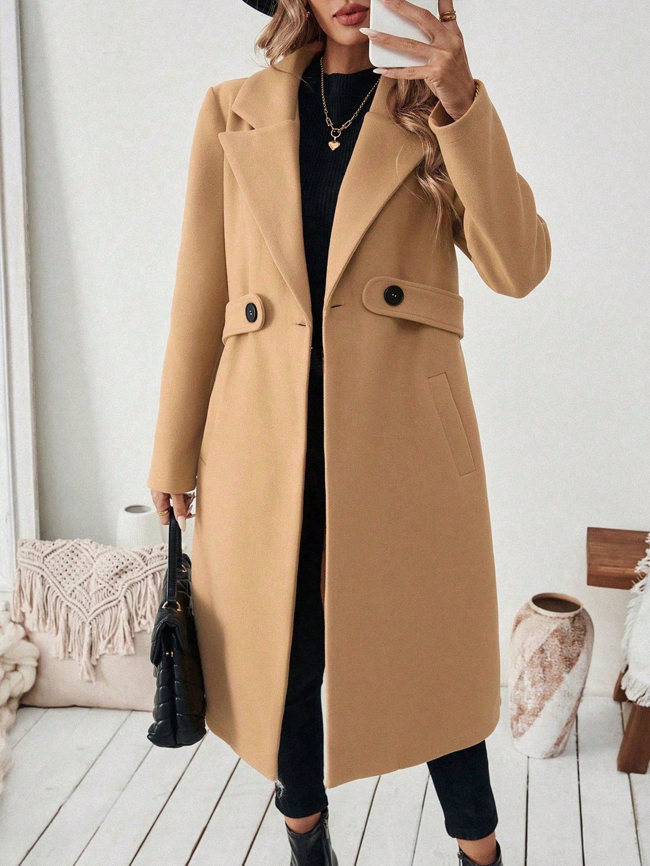 EMERY ROSE Women's Casual Commute Daily Simple Solid Color Lapel Collar Slant Pocket Double-Breasted Long Overcoat, Autumn/Winter Winter Coat Women