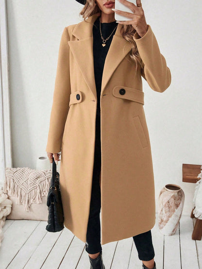 EMERY ROSE Women's Casual Commute Daily Simple Solid Color Lapel Collar Slant Pocket Double-Breasted Long Overcoat, Autumn/Winter Winter Coat Women