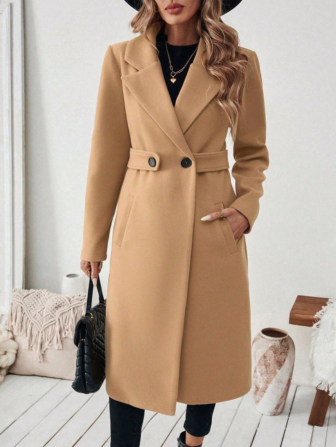 EMERY ROSE Women's Casual Commute Daily Simple Solid Color Lapel Collar Slant Pocket Double-Breasted Long Overcoat, Autumn/Winter Winter Coat Women
