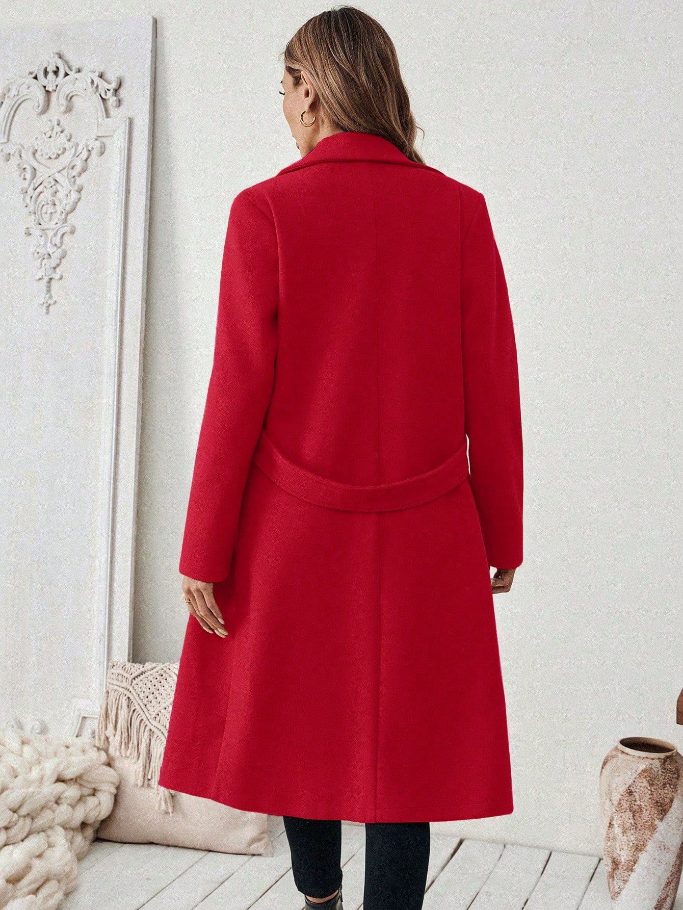 EMERY ROSE Women's Casual Commute Daily Simple Solid Color Lapel Collar Slant Pocket Double-Breasted Long Overcoat, Autumn/Winter Winter Coat Women